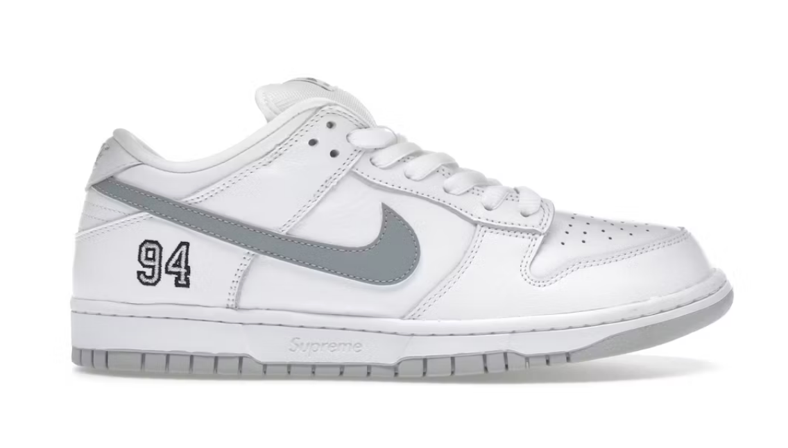 Nike SB Dunk Low Supreme 94 White Metallic Silver